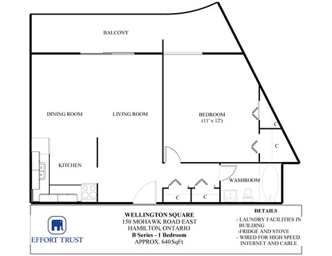 A floor plan of a 150 square meter B series 1 bedroom apartment.